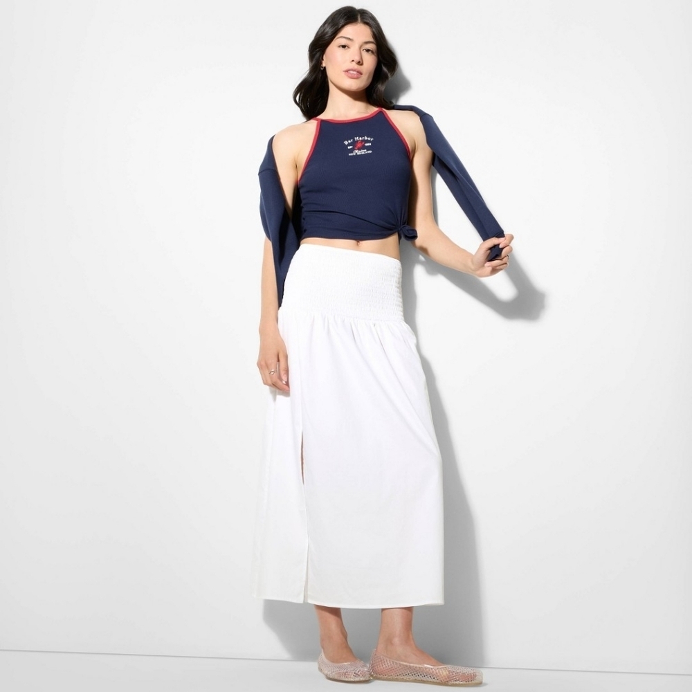 Women's Smocked Waist Maxi Skirt, White L